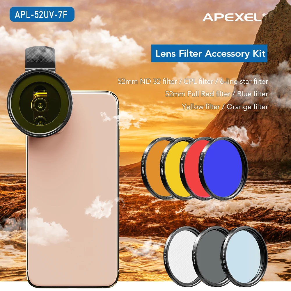 APEXEL 52 мм 7 в 1 полный комплект фильтров для объектива ND CPL Star красный желтый цветной