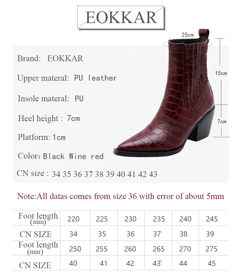 

Eokkar 2020 Women Ankle Boots Pointed Toe Square High Heel All Match Burgundy Slip on Synthetic Elegant Ladies Boots Size 34-43