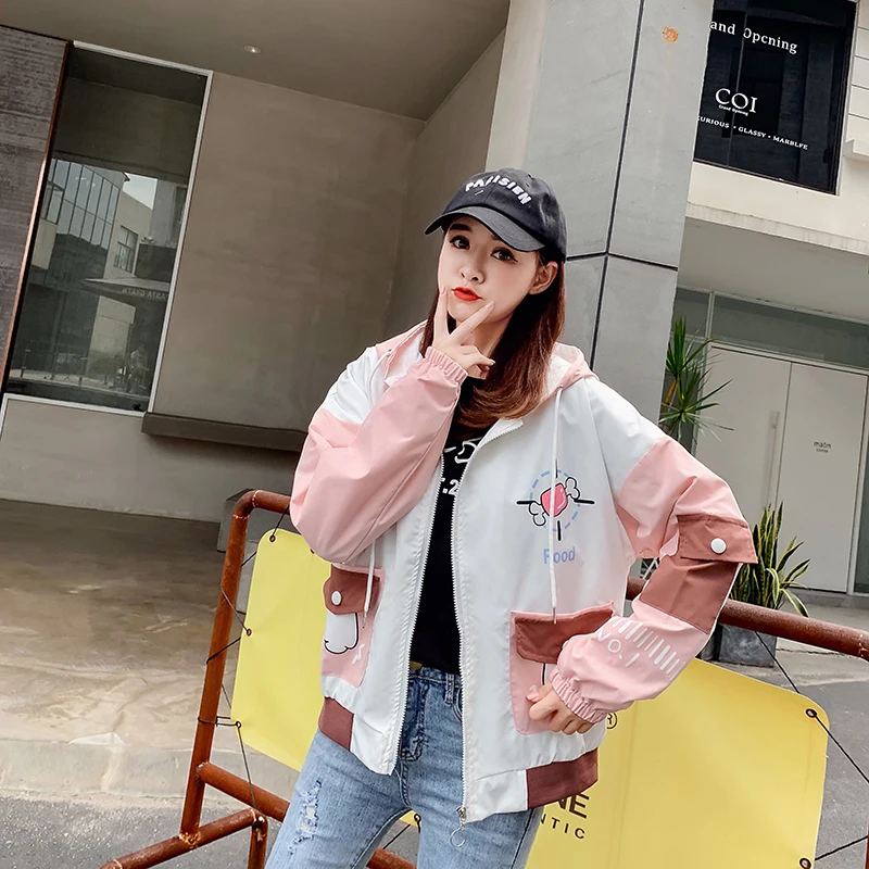 Women Fun Cartoon Print Color Matching Hooded Zippers Jacket Long Sleeve Patchwork Loose Outerwear Coat 2054870