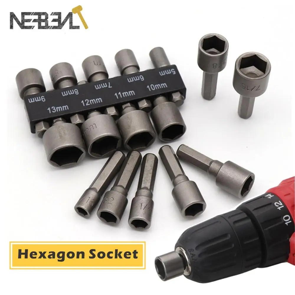 

9/14pcs Strong Sleeve Wrench Heads Hexagonal Handle Tools Screw Sleeve Pneumatic Bits Magnetic Nut Driver Drill Bit Set