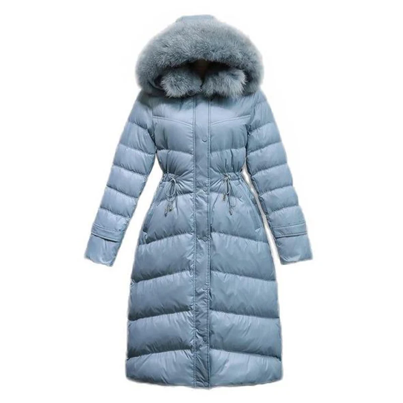 

Новый зимний пуховик женская белая утка пуховик женская мода теплая большой меховой воротник с капюшоном длинная куртка толстый слой пальто Паркер