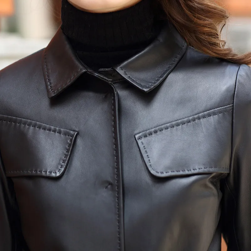 Abrigo clásico de piel de oveja auténtica para mujer, chaqueta de piel de oveja auténtica de longitud media, con bolsillos y fajas, color negro