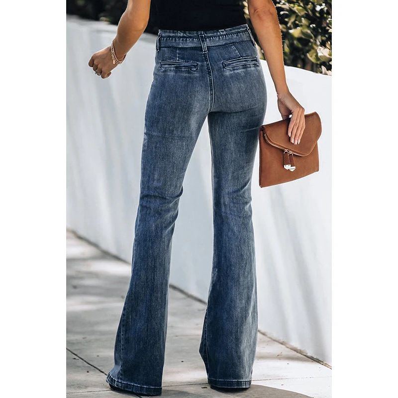 

2021 Blue Paper Bag Waist Bell Bottom Jeans Pantalones Vaqueros Mujer Femme Pantalon Woman Pants Spodnie Damskie Shorts XL