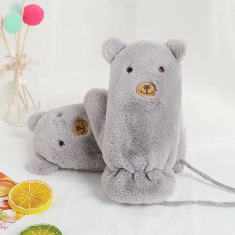 Зимние плюшевые перчатки для мальчиков и девочек на полный палец со шнурком с