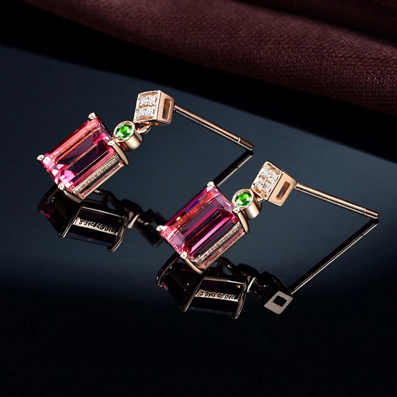 

2021 Fashion Rose Gold Drop Earrings Jewelry For Women Ruby Gemstone Zircon Rectangle Dangle Hanging Earrings For Wedding Party