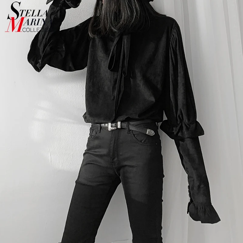 Новинка 2019 корейский стиль женская однотонная черная блузка рубашка с галстуком