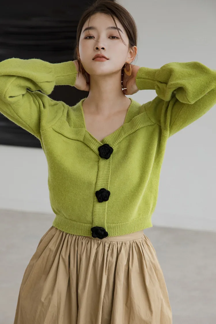 

Зеленый корейский модный милый Укороченный кардиган ZCSMLL, Женский вязаный свитер с квадратным вырезом, кардиган с пышными рукавами, вязаная ...