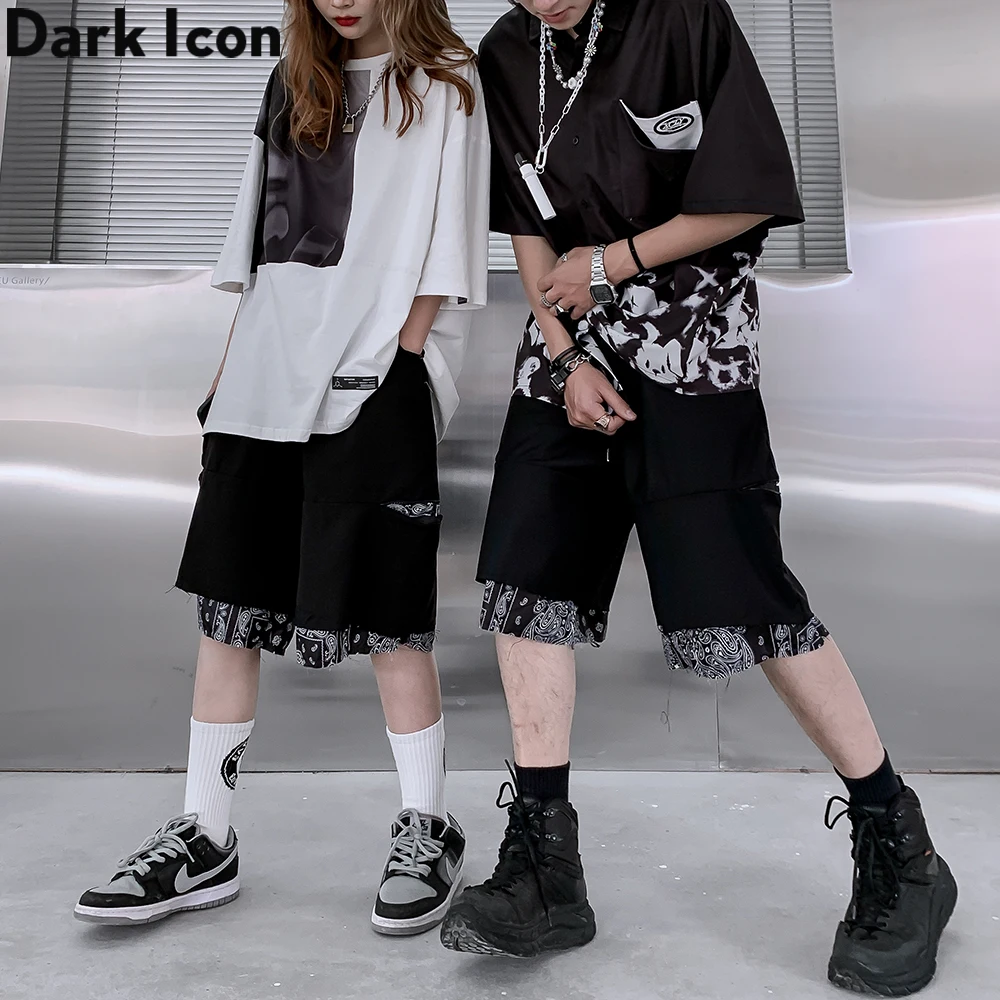 

Dark Icon Bandana Patchwork Men's Shorts 2021 Summer Straight Shorts Man Black