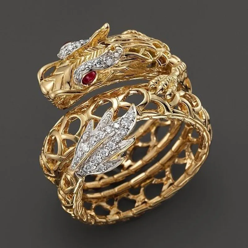 

Generous Yellow Gold Winding Dragon Rings For Men Women Luxury Wedding Band Hollow Out Plated Finger Ring Cool Jewelry Z3P452