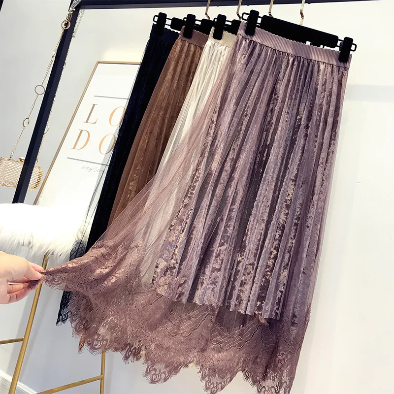 

Autumn New Women Super Fairy Lace Spliced Velvet Skirt Winter High Quality Elegant Tulle Long Pleated Skirt falda mujer Saias