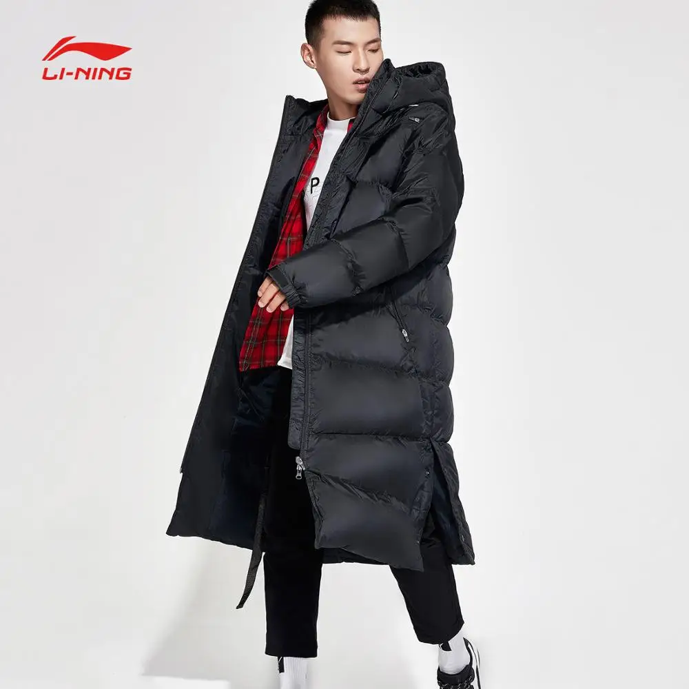 Li-Ning, мужская тренировочная серия, длинное пуховое пальто с защитой, Смарт, 70%, белый утиный пух, подкладка, зимняя спортивная куртка с капюшоном, AYMN055 MWY314