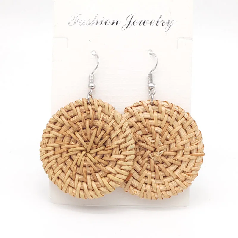 Ear hook 4 Bohemia Wicker Rattan Knit Earrings Ethnic Wood Bamboo Weaving Geometric Circle Statement Drop Earrings for Women Jewelry - Окраска металла: Ear hook 4