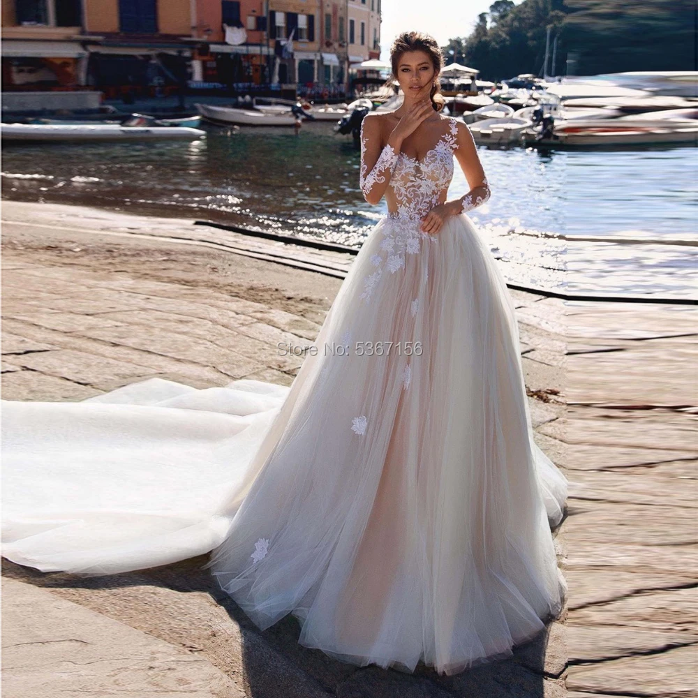 Кружевное свадебное платье с V образным вырезом длинным рукавом со съемным