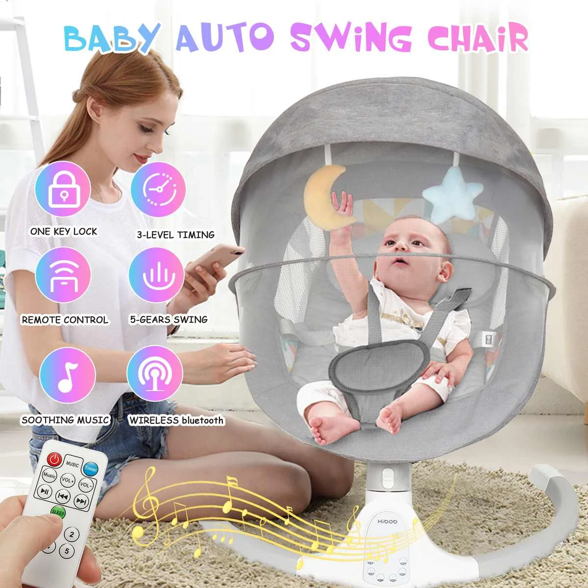 

Bioby Baby Smart Electric Baby Cradle Crib Rocking Chair Baby Bouncer Newborn Calm Chair bluetooth with Belt Remote Control