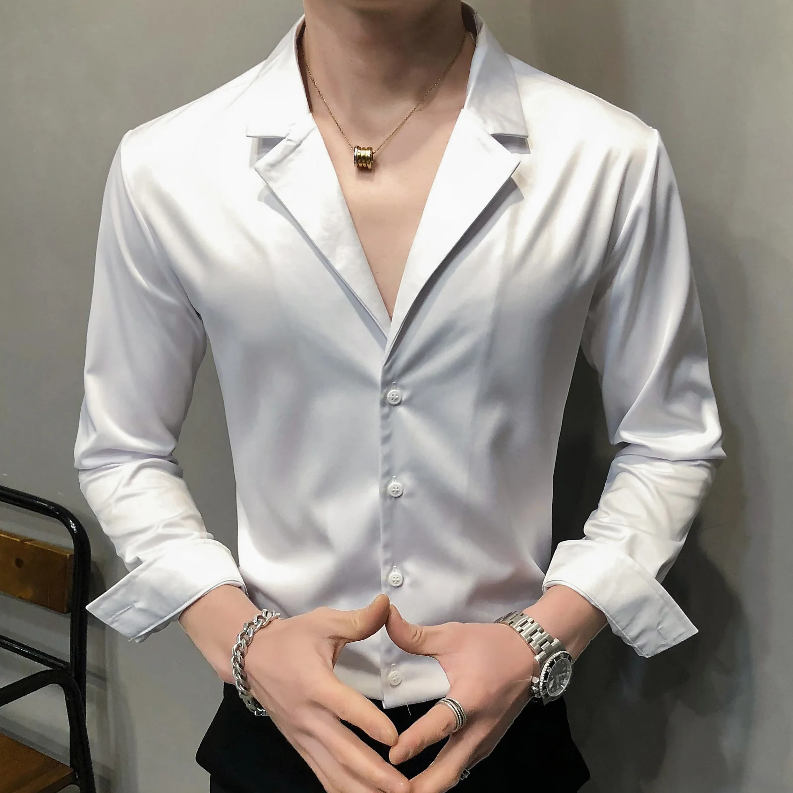 

2021 Spring Solid Color Lapel Long Sleeve Shirt Male Ropa Hombre Casual Black White Shirt Camisa Social Masculina Ropa Hombre