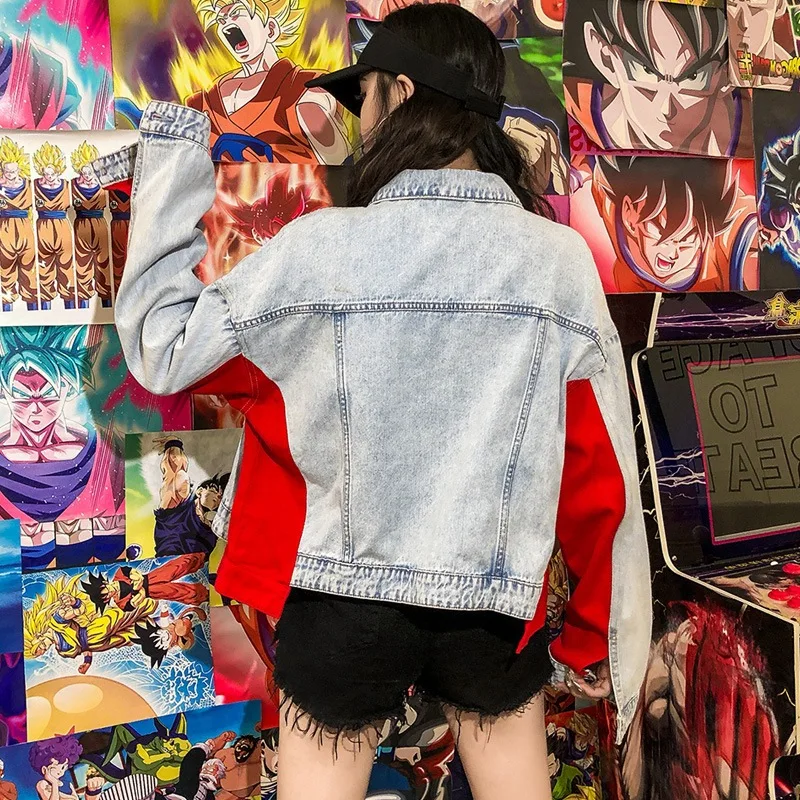 Женская джинсовая куртка DAYIFUN повседневная короткая красного и синего цвета с