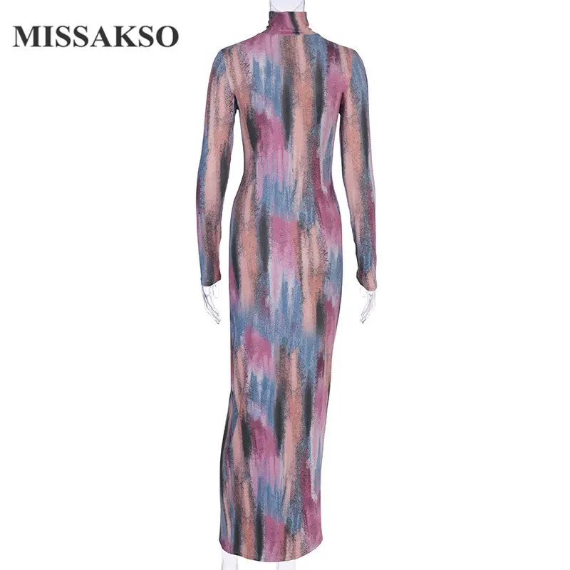 

Missakso Bodycon Printed Maxi Dress Club Long Sleeve Fashion Stand Neck New Women Winter Sexy Split Party Dress