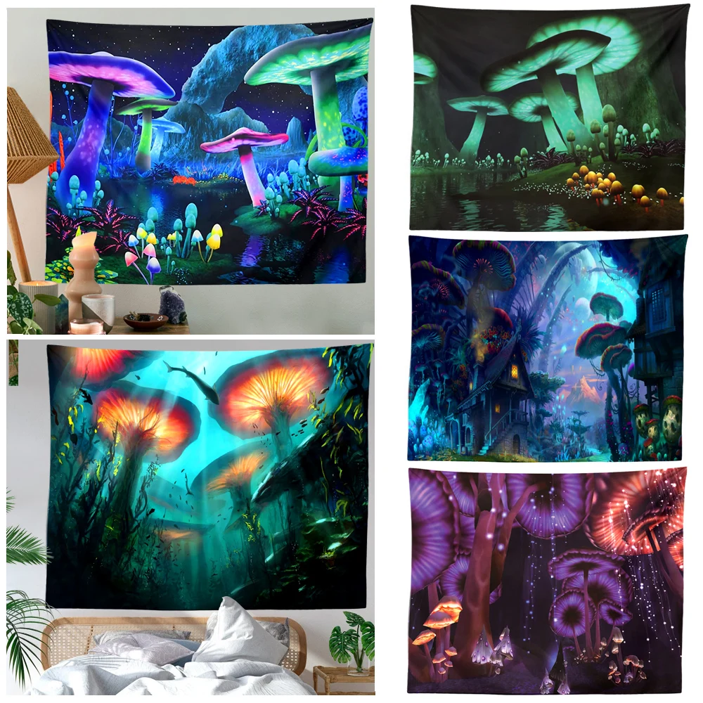 Psychedelic Mushroom Tapestry Fantasy Plant Wall Galaxy Space Starry Night Sky Hanging for Room | Дом и сад