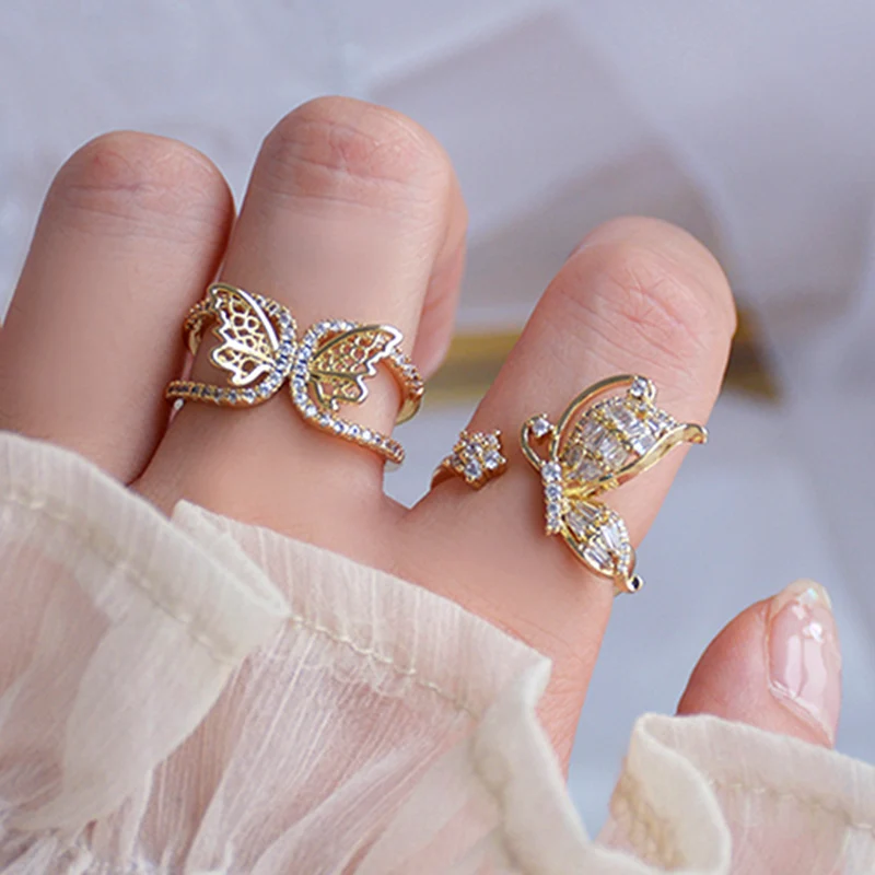 

Innovative Design 14k Real Gold Butterfly Wings Rings for Women Jewelry Adjustable Open Brilliant AAA Zircon Weddings Party Gift