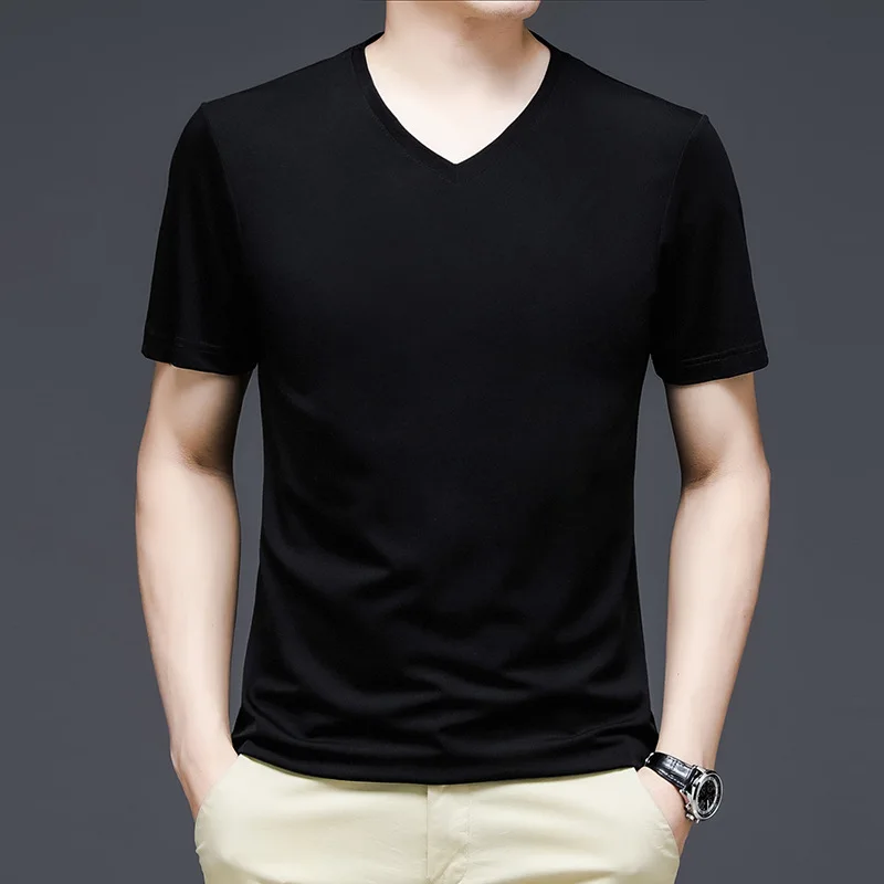 

Silk cotton silk silk silk short-sleeved t-shirt men's tide.summer loose casual white round v collar half-sleeved bottom shirt