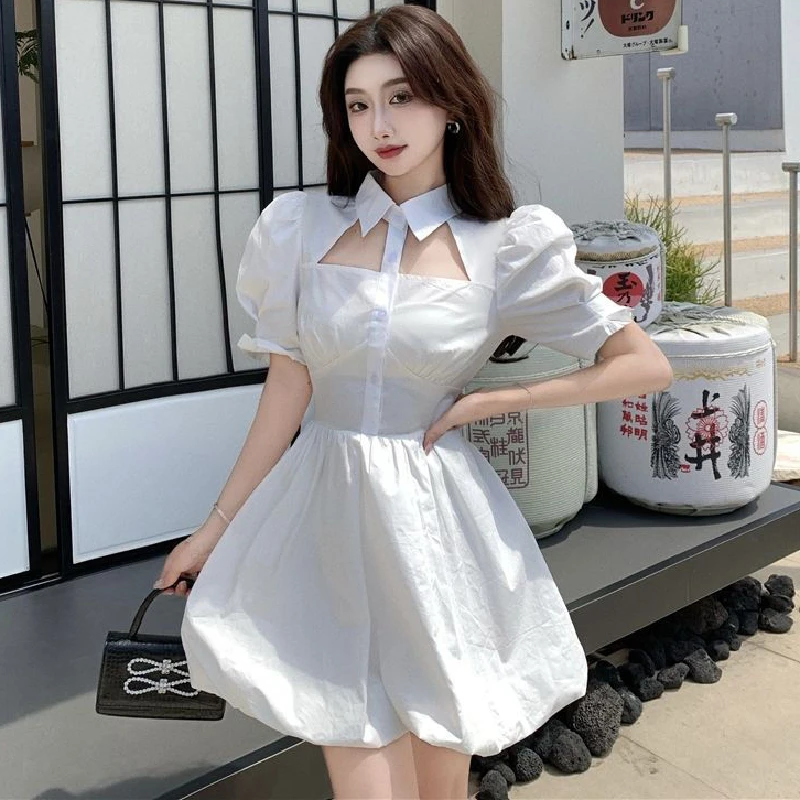 

Summer White Elegant Fairy Dress Women Bandage Designer Princess Dress Female Korean High Waist Party Mini Lolita Dresses 2021