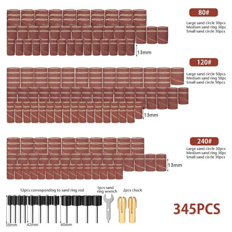 

345 PCS Sanding Drums Kit Set 1/4 3/8 1/2 Inch Sanding Band Sleeves Drum Mandrels Drill Chuck Combination Wrench For Rotary Tool