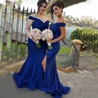 Синие кружевные платья-русалки для подружек невесты с открытыми плечами и Боковым Разрезом, свадебные платья со шлейфом для гостей сада и страны