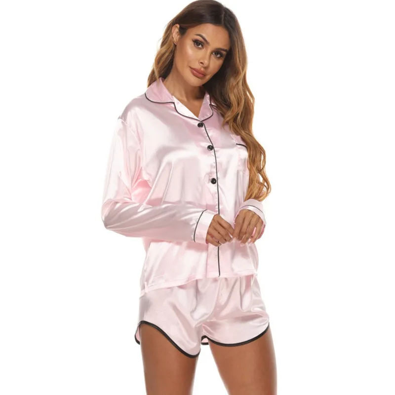 Women's Two-piece Pajamas Fashion Lapel Solid Color Button Long-sleeved Top And Solid Color Short Pants  Suit  Wm*