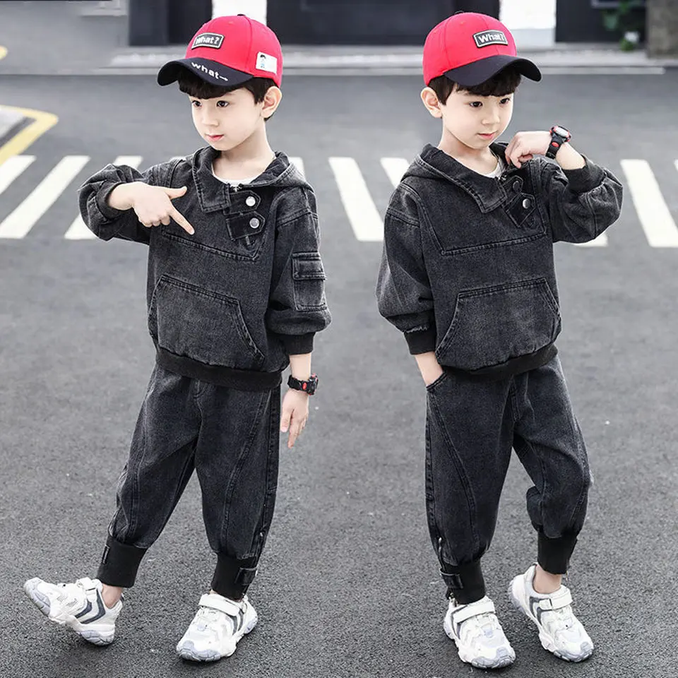 

Однотонный джинсовый костюм для мальчиков 3-12 лет, теплая Весенняя верхняя одежда + штаны, повседневный костюм из 2 предметов