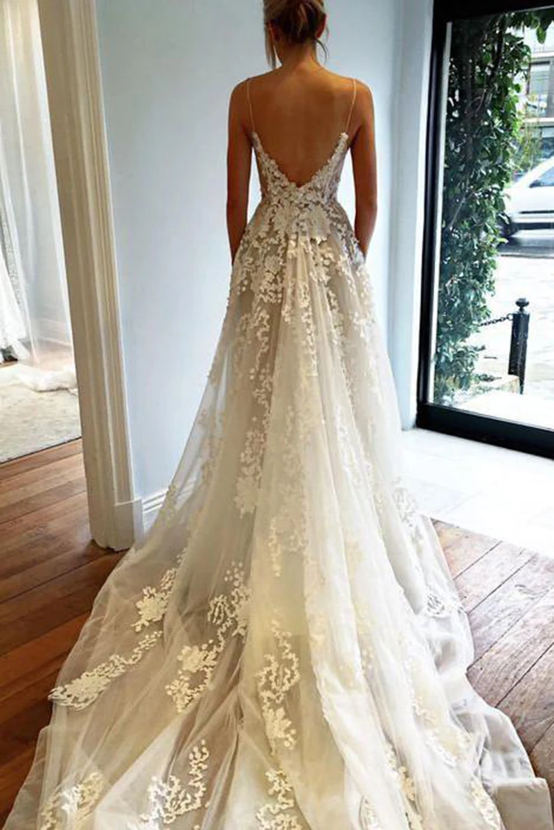 

2020 New Sexy Spaghetti Straps Lace A Line Wedding Dresses Applique Open Back Court Train Bridal Gowns Custom Made