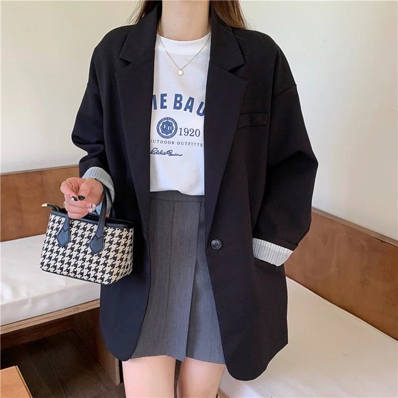 

Женский пиджак на одной пуговице, повседневный однотонный длинный пиджак свободного покроя с воротником, в Корейском стиле, 2021