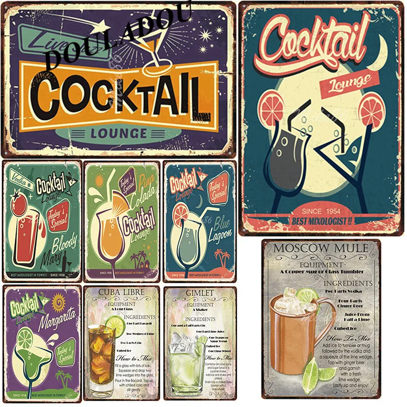 

[Douladou] Shabby Chic Cocktail Vintage Beer Metal Tin Sign Pub GinBar Colored Cocktail Art Poster Plate Home Decor 30*20CM