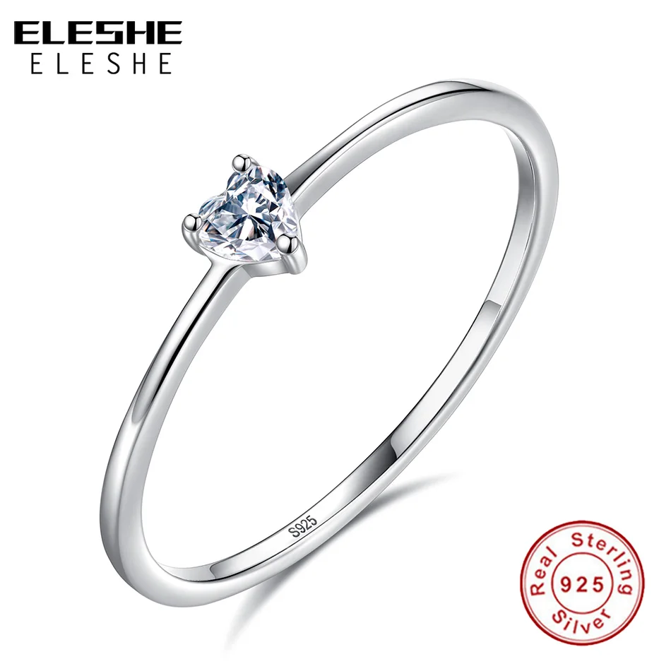 Подлинный eleshe, 925 пробы, серебряное кольцо на палец, Кристальное, простое сердце, свадебные кольца для женщин, обручальное,, Серебряное ювелирное изделие