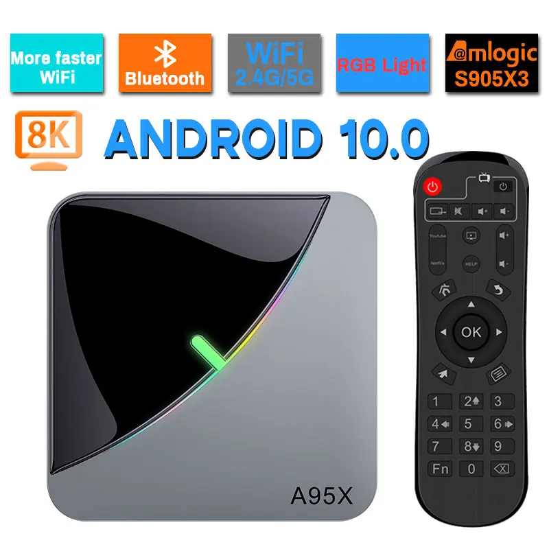 A95X воздуха RGB светильник Android 10 0 ТВ коробка 8K 4K Youtube Amlogic S905X3 Wi Fi 2 ГБ 4 оперативной