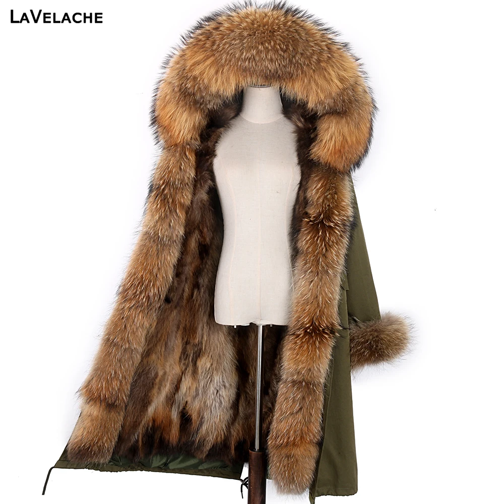 Enlarge LaVelache New X-Long Parka Winter Jacket Women Real Fur Coat Big Natural Raccoon Fur Hood Streetwear Detachable Outerwear