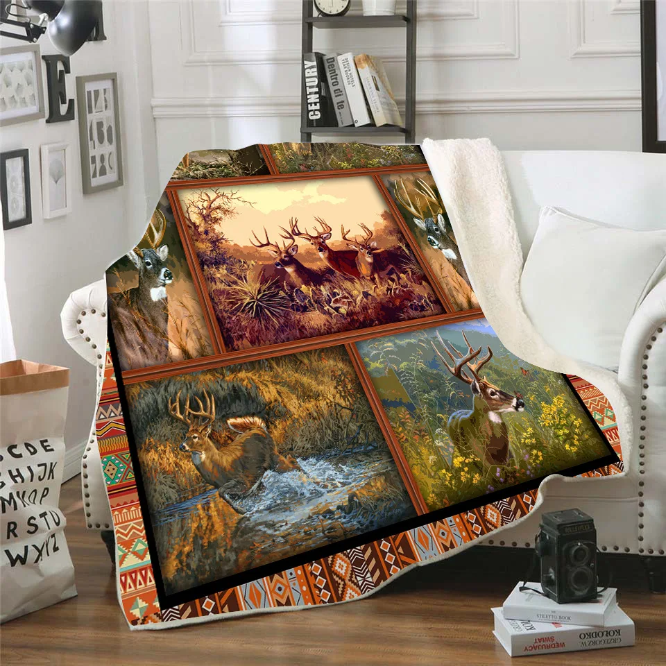 Флисовое одеяло с 3d принтом оленя для кровати пешего туризма пикника толстое