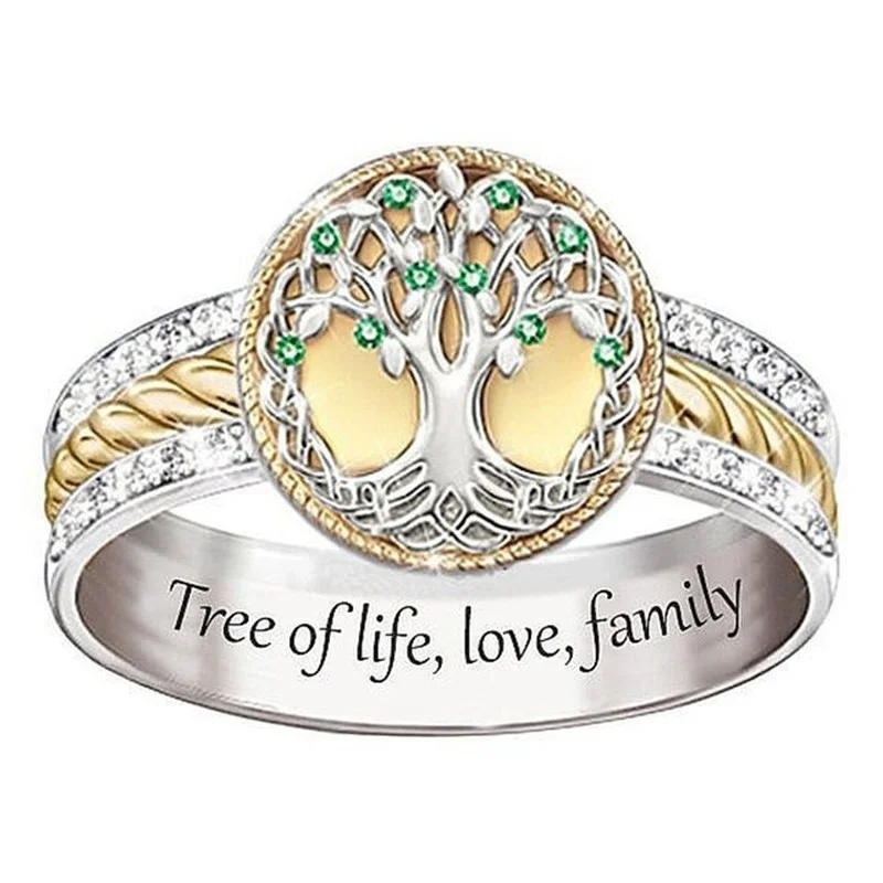 

Trendy Two-Tone Round Tree of Life Rope Shaped Ladies Ring with Dazzling AAA CZ Rhinestone Crystal for Women Party Jewelry