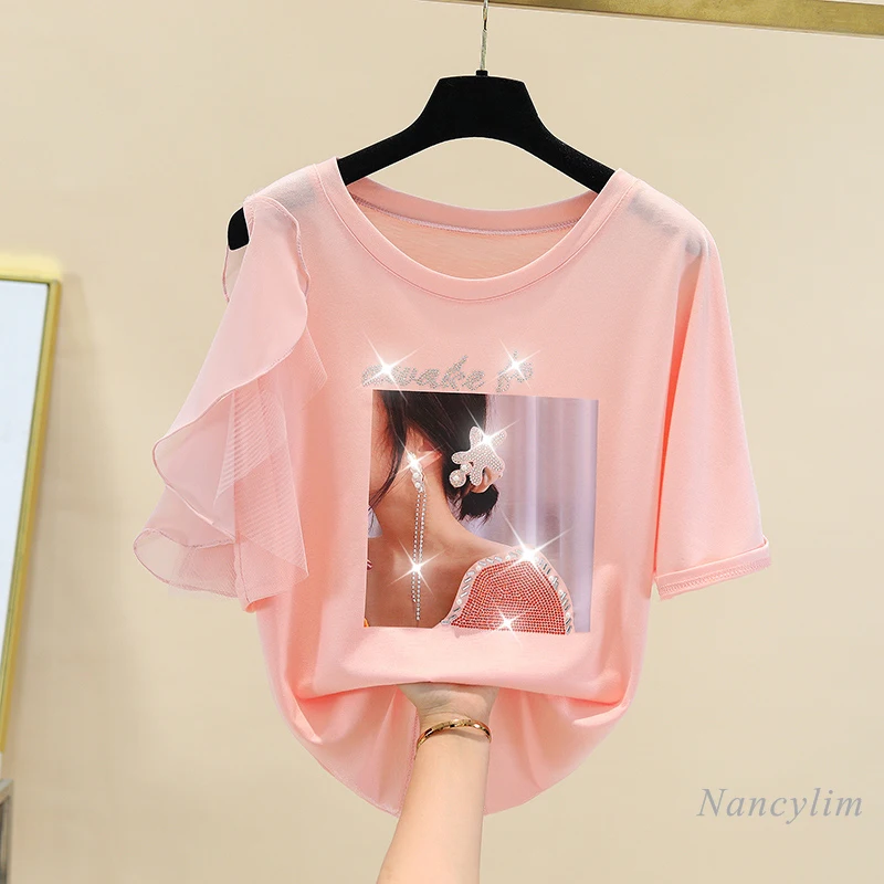

Ruffled Sleeve Rhinestone Letter T-shirt for Woman Summer Loose Top Girls Students Tees Camisetas De Mujer White Black Pink