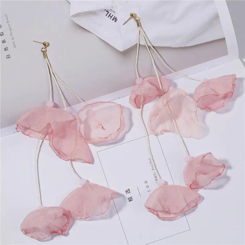 Product 15 Корейский цветок лепестки кисточкой серьги ручной работы ткань шифон Цветочные Висячие серьги для женщин ювелирные изделия pendientes mujer moda - Окраска металла: Product 15