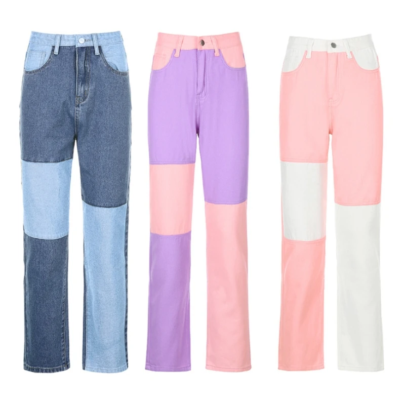 

Women High Waist Straight Denim Pants Color Block Patchwork Loose Trousers Harajuku Hip Hop Streetwear with Pockets