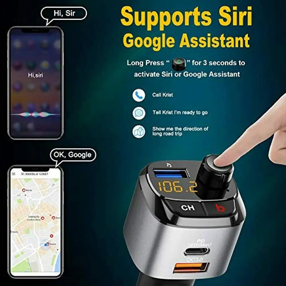 

Bluetooth 5.0 Car FM Transmitter Microphone Wireless Car Charger Hands-Free Call Type-c PD 18W QC3.0 Fast Charging FM Modulator