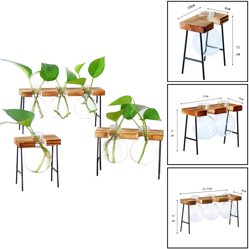 

Glass Bottle Vase Hydroponic Plant Transparent Vase Wooden Frame Coffee Shop Room Decor Table Desk Decoration Vase terrarium