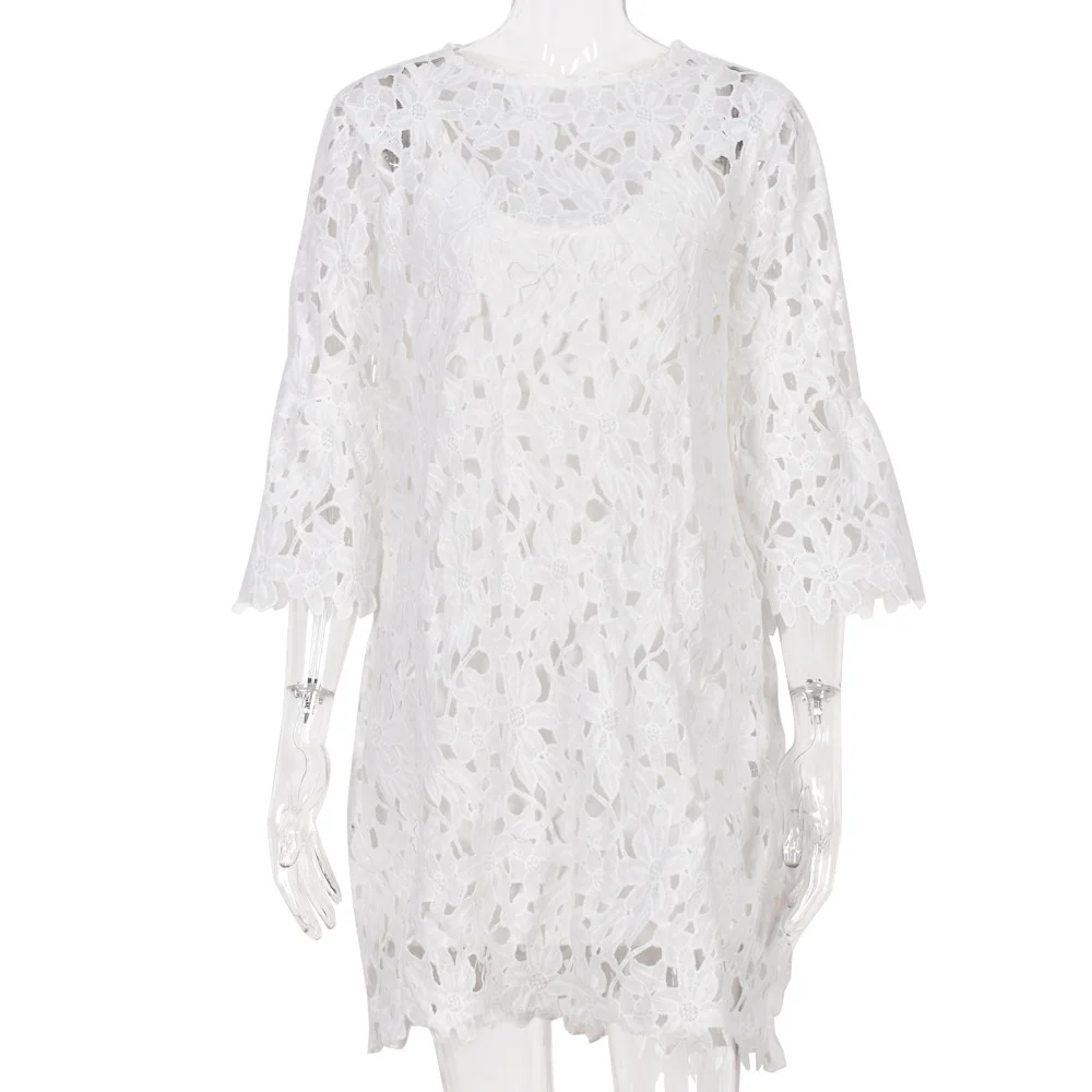 

Spring And Summer 2021 Round Neck Lace Flared Sleeve Ruffle Dress For Women