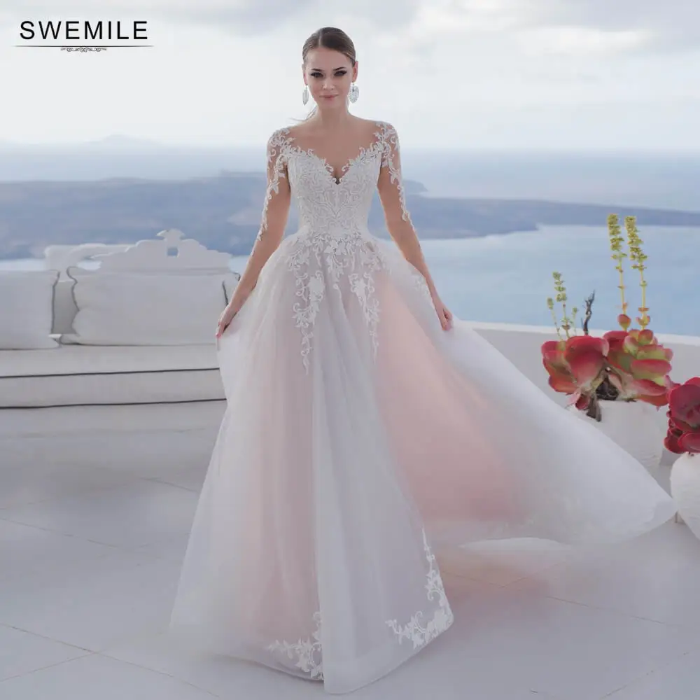 

SWEMILE Luxury Lace Appliques Wedding Dress Backless Ball Gowns Bride Robe Button Sweep Train vestidos de novia Свадебное платье