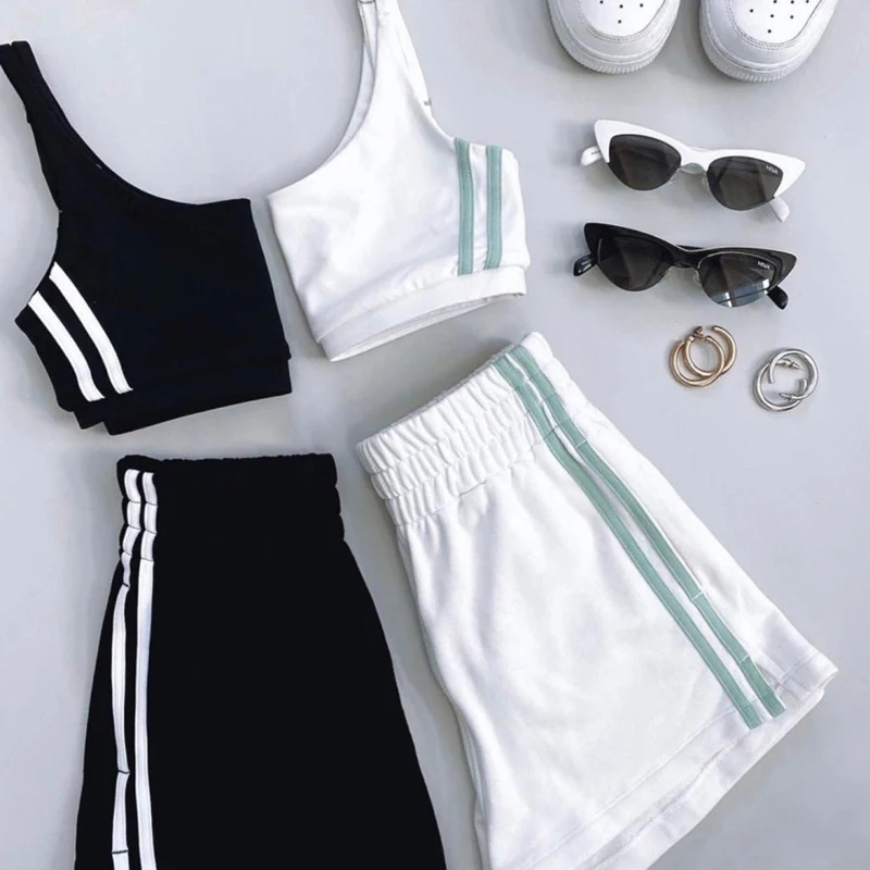 

Women's Tracksuit Set Striped Spaghetti Strap Tank Tops and Shorts Sets Female Tracksuits 2021 Summer Sportswear 2 Pieces Sets