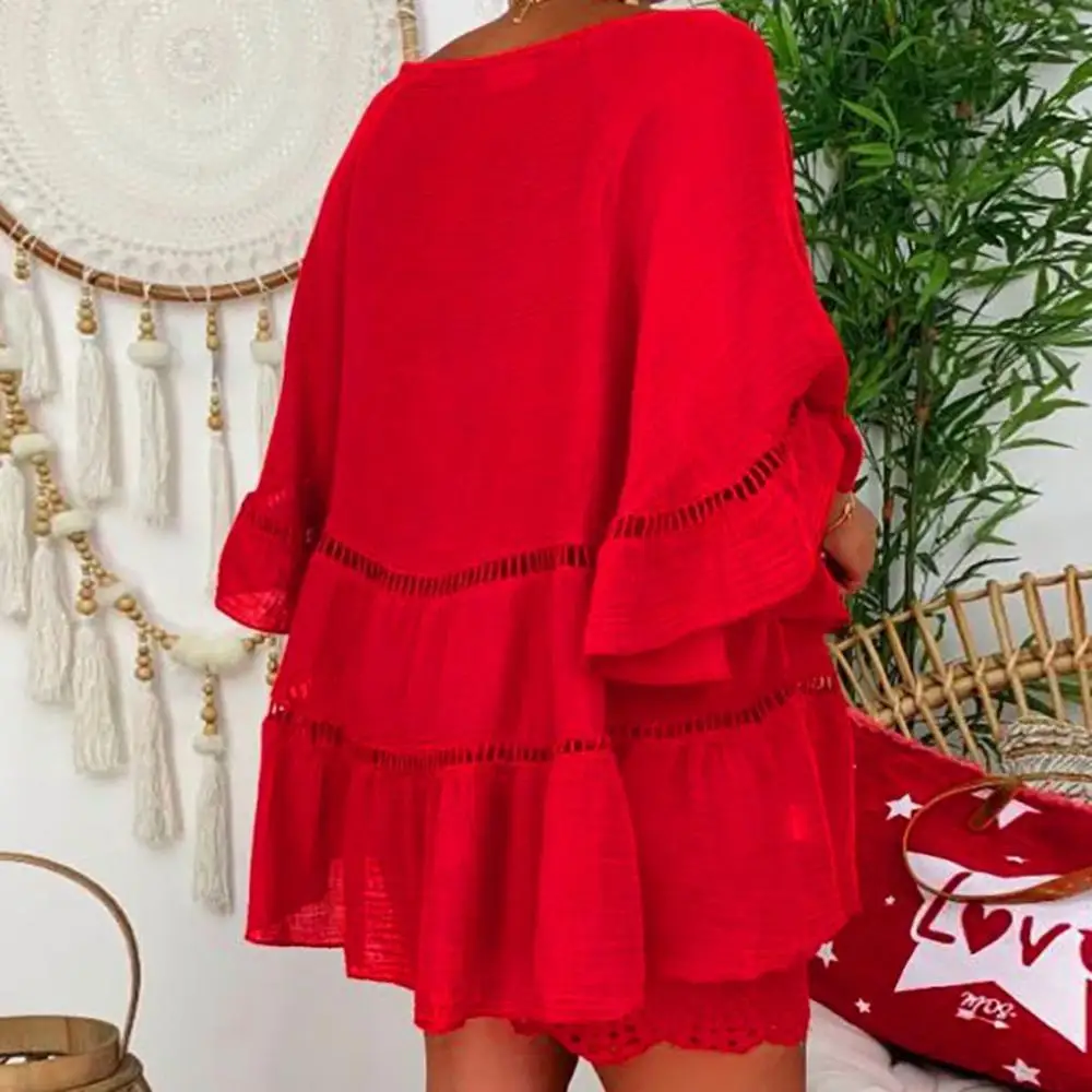 

Large Hem T-shirt Women Casual 3/4 Sleeve Buttons Hollow out Loose Blouse Top For Work Street Wear Travel Shopping Daily Wear