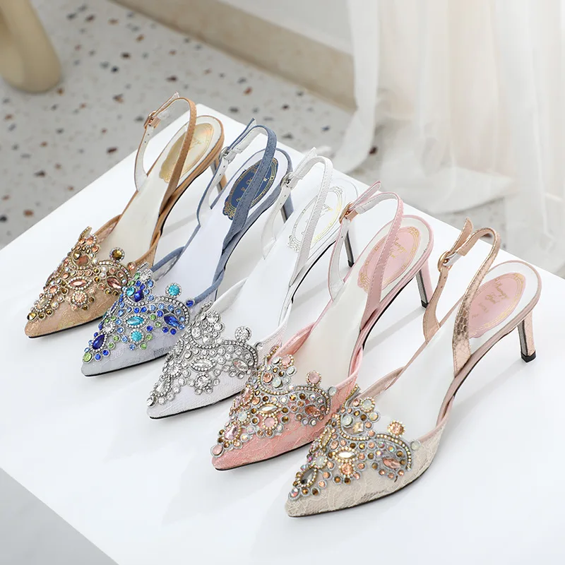 

Сандалии женские на тонком каблуке 5 см, заостренные в римском стиле, летняя кружевная Свадебная обувь с розовыми стразами, пикантные туфли ...
