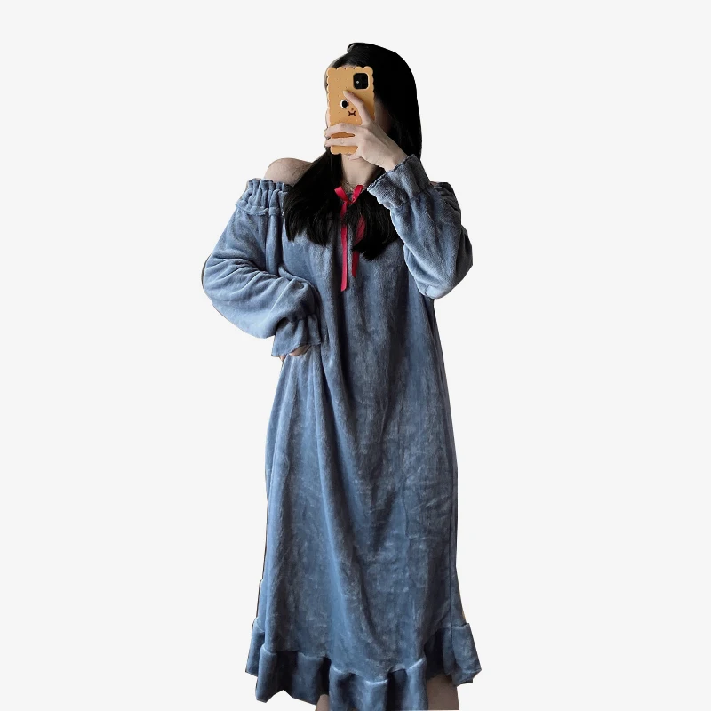 Flannel Night Skirt Horizontal Neck Women Sleepwear Sexy Winter Pullover Bowknot Medium Style