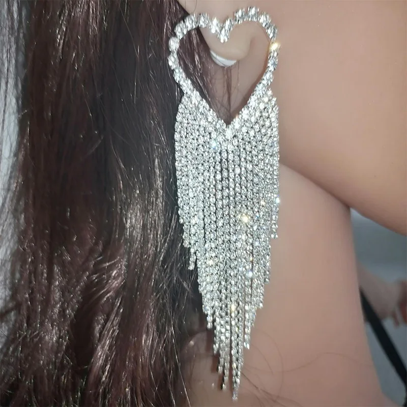 

TREAZY Trend Exaggerated Hollow Heart Tassel Drop Earrings for Women Rhinestone Crystal Big Dangle Earring Wedding Party Jewelry