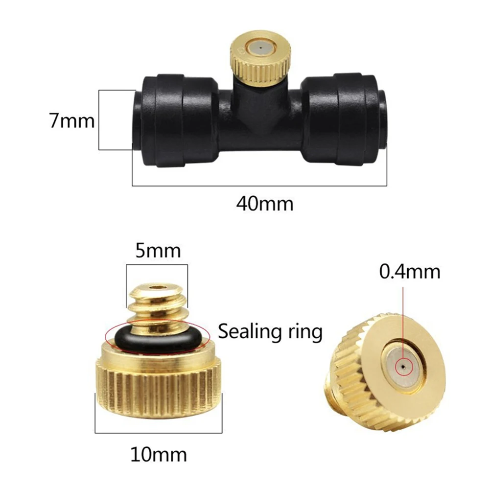 

10 Sets Brass Misting Nozzles low-pressure with Tees, 0.012 inch(0.3 mm) 10/24UNC thread for Garden Misting Brass Sprayer